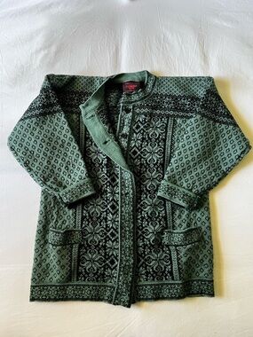 Green Vintage Telemark Style Origin Patterned Cardigan Sweater